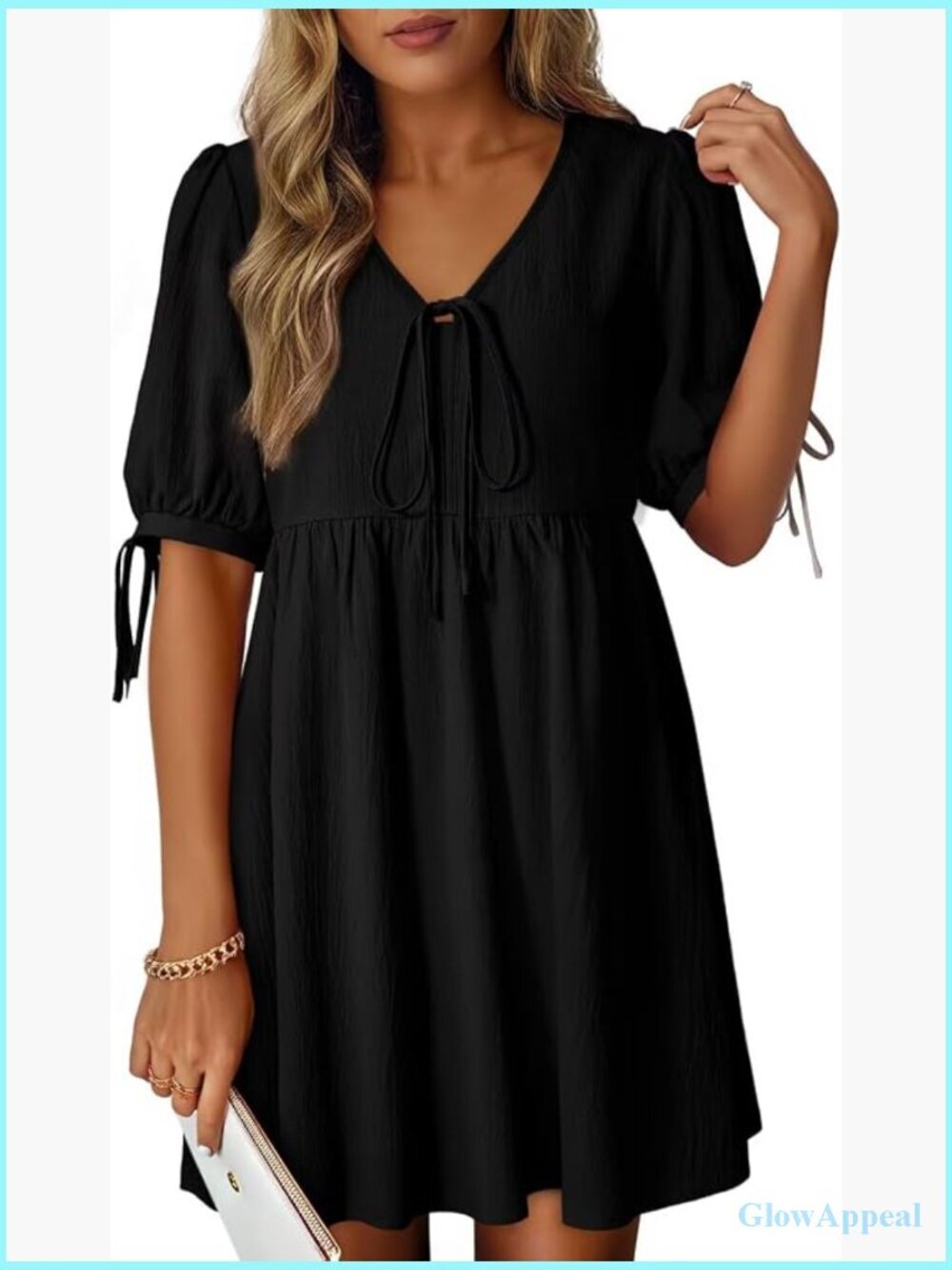 Casual V Neck Bow Tie Short Sleeve Empire Waist A-Line Mini Dress
